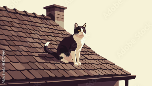 A black and white cat sits on a tiled roof near a chimney