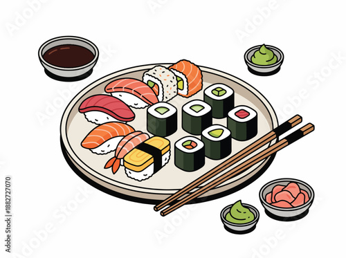 Delicious assortment of sushi and accompaniments on a plate, perfect for culinary inspiration and food-related projects
