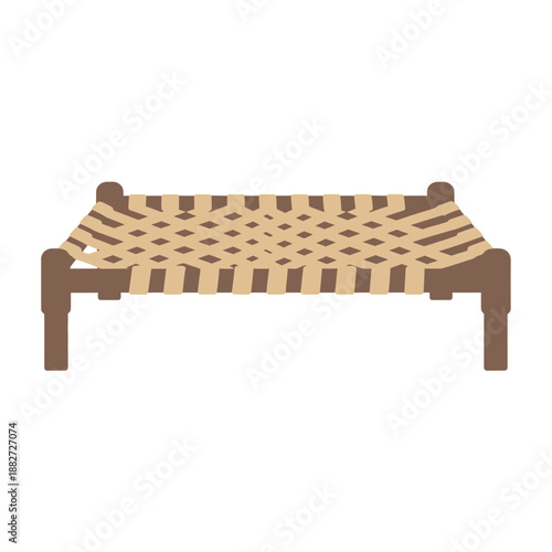 Woven cot with wooden legs and frame.