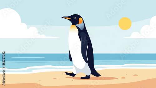 A king penguin walks on a sandy beach beside the ocean under a sunny sky