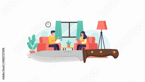 A knife rests in the foreground, obscuring two people talking in a living room