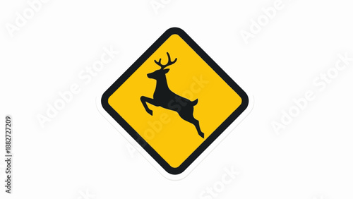 A black silhouette of a leaping deer on a yellow diamond-shaped warning sign