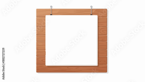 A blank white paper is tacked to a rustic wooden board with two nails
