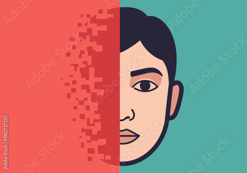 Half a person's face disintegrates into pixels on a red side.