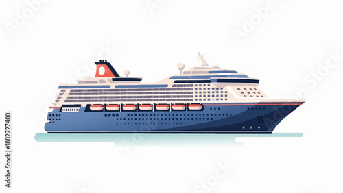 A large blue and white passenger ship floats on calm water