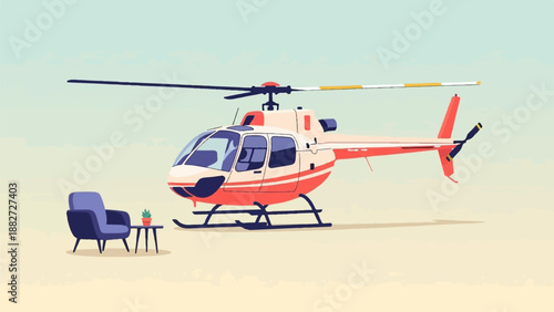 A stylized, pixelated helicopter sits on a light-colored ground next to a chair and plant