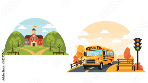 Two colorful illustrations of a classic red brick school building on a hill and a yellow school bus driving on a suburban road.