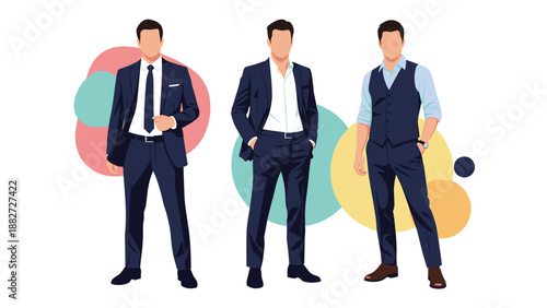 Fashion illustration showing three faceless men wearing various styles of business suits, waistcoats, and formal attire for men.