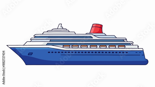 A blue cruise ship with multiple decks and a red funnel, on a white background