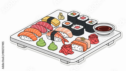 A colorful assortment of sushi and sashimi arranged on a white platter