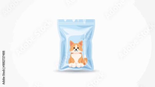 A cute cartoon dog sits in a clear plastic bag