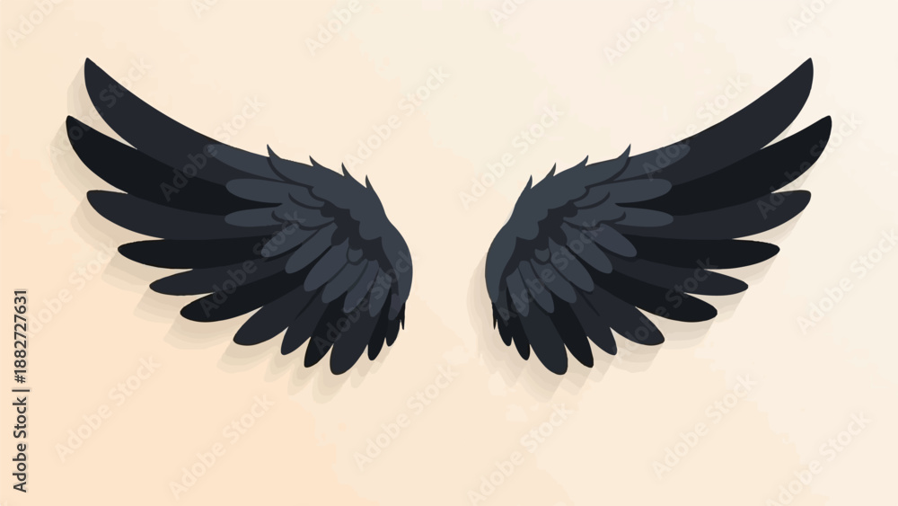 Obraz premium A pair of dark feathered wings spread symmetrically against a light background