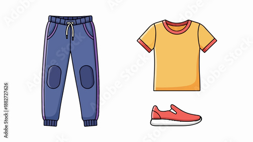 A blue tracksuit, a yellow t-shirt, and a red shoe