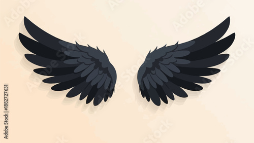 A pair of dark feathered wings spread symmetrically against a light background