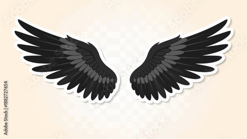 A pair of stylized black feathered wings unfurl against a light, soft background