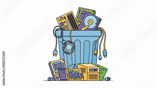A blue trash can overflowing with discarded computer components and cables