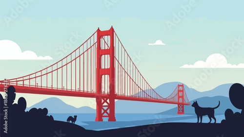 A stylized, pixelated view of a red suspension bridge with cats in the foreground