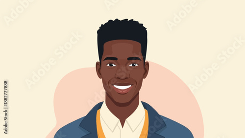 A stylized portrait of a smiling young Black man in a suit and tie
