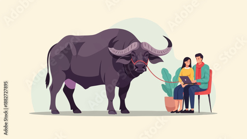 A large buffalo stands near a couple using a laptop and a potted plant