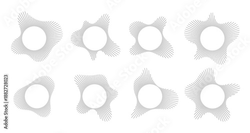 Circular sound visualization with radial wave line pattern vector set. Abstract audio spectrum ring geometric burst shape. Music equalizer graphics with concentric line elements for modern design.