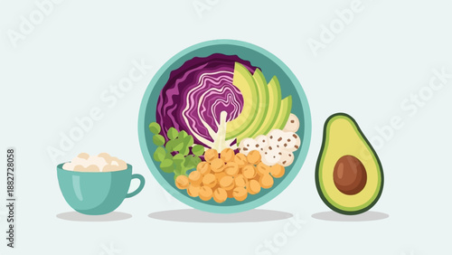 A bowl of salad with avocado and chickpeas, plus a cup of rice