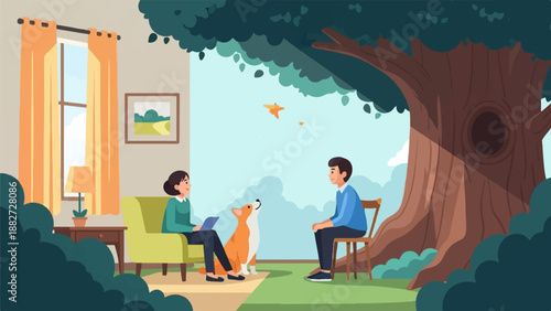 A boy, a girl, and a dog gather under a large tree