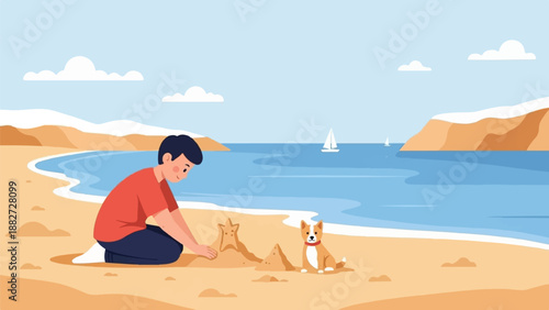 A boy builds sandcastles with his dog at the beach with sailboats