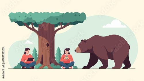 A brown bear approaches two women sitting under a large tree