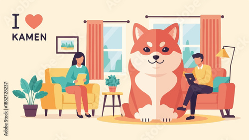 A large dog sits in a living room with two people reading