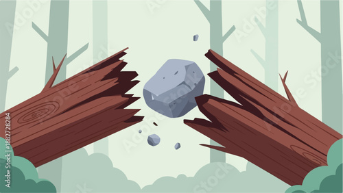 A large grey rock breaks apart two brown logs in a forest