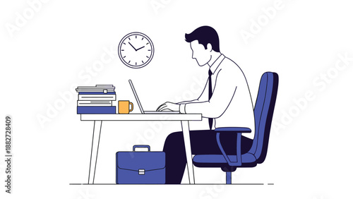 Focused professional man works diligently on a laptop at a tidy office desk with a clock, stacked books, and a briefcase on the floor.