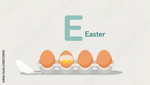 A carton of eggs, one cracked, next to a feather, with the letter E and text Easter
