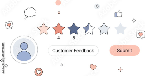 Customer Feedback and Star Rating Interface with Submission Button and Decorative Icons