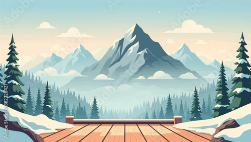 A pixelated winter mountain landscape viewed from a wooden deck