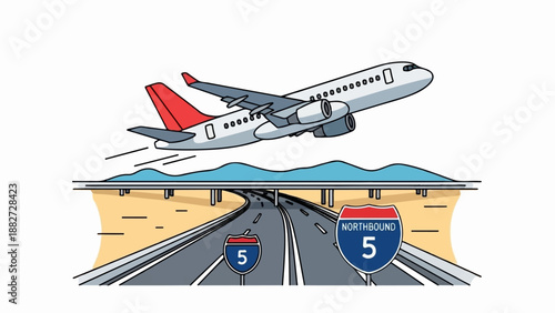 A cartoon airplane ascends above a highway overpass with a desert landscape