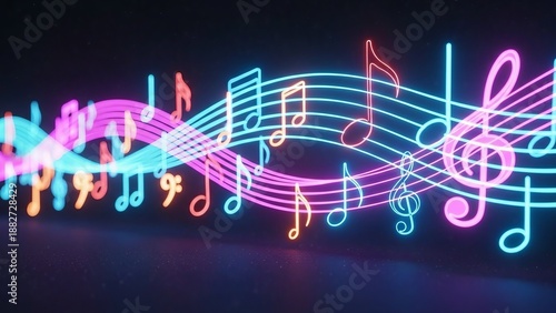 Vibrant neon musical notes and staff lines glowing in various colors against a dark background, creating a dynamic and energetic music theme.
