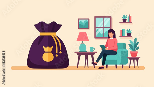 A large money bag sits next to a person relaxing in a room