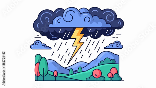 A stylized storm with lightning, rain, and dark clouds over rolling hills and trees