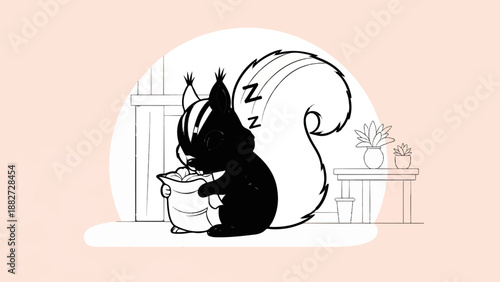 A stylized skunk sleeps clutching a bag of nuts, with potted plants nearby
