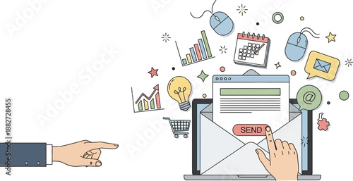 Digital Marketing and Email Communication Concept with Hand Interacting with Laptop Screen Filled
