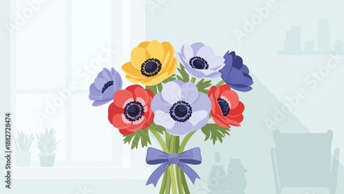 A colorful bouquet of anemone flowers tied with a bow, displayed indoors