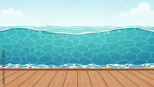 A pixelated wooden pier meets a shimmering blue ocean under a cloudy sky