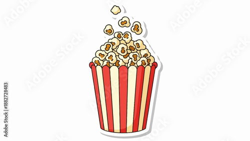 A cartoon bucket filled with popcorn and some pieces flying out