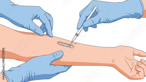 Medical professionals wearing blue surgical gloves perform a sterile procedure on a patient arm using a specialized needle instrument.