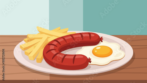 A plate of fried eggs, sausage, and french fries on a wooden table