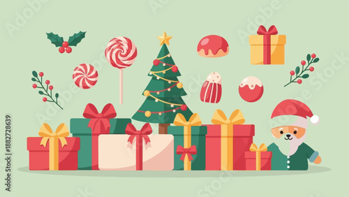 A festive collection of Christmas gifts, treats, and a jolly Santa Claus