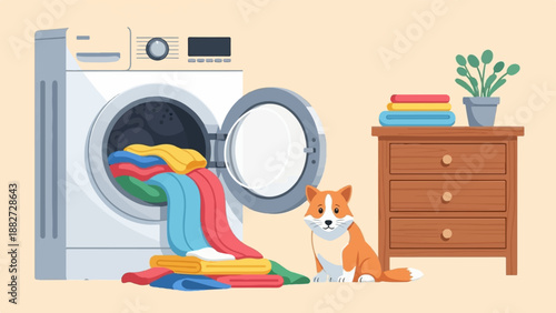 A cute corgi dog watches colorful clothes spill from a washing machine