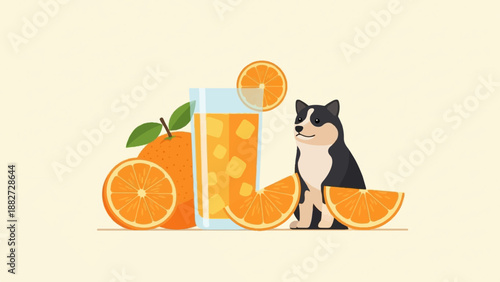 A cartoon dog sits by a glass of orange juice and fresh oranges