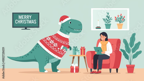 A festive dinosaur in a sweater watches a person using a tablet indoors