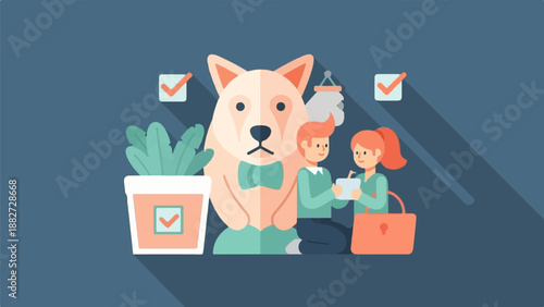 A cartoon dog sits with two people and a plant in a flat illustration style